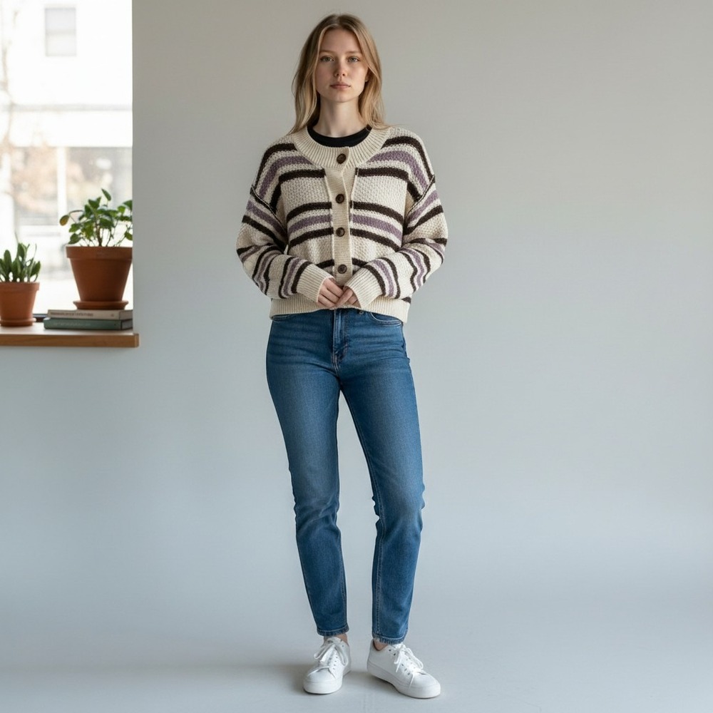 Free People Striped Waffle Knit Cardigan Sweater Cream Purple Brown NWT Size XS